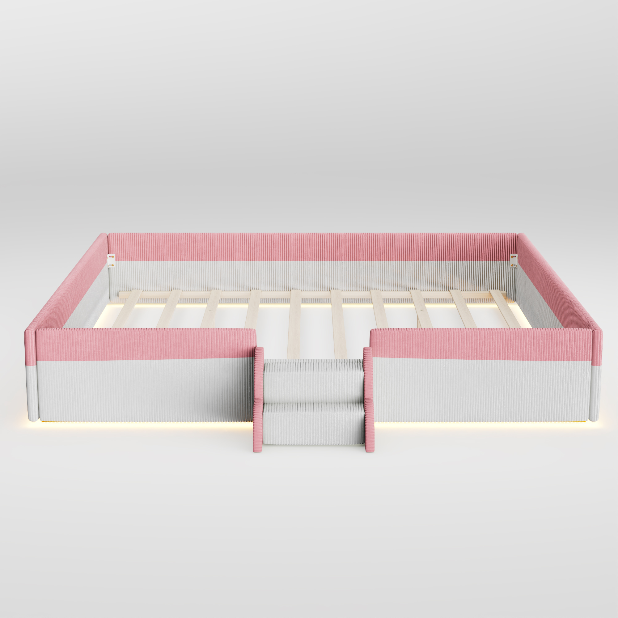 King Size Upholstered Floor Bed with Fence, 2-Tier Steps and Smart LED Lights