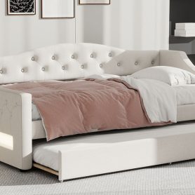 Upholstered Twin XL Size Daybed with LED Belt and Trundle