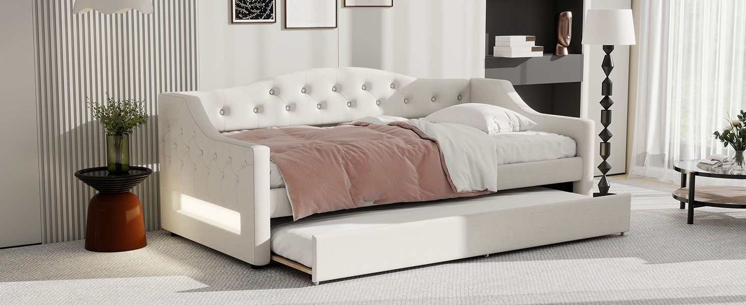 Upholstered Twin XL Size Daybed with LED Belt and Trundle