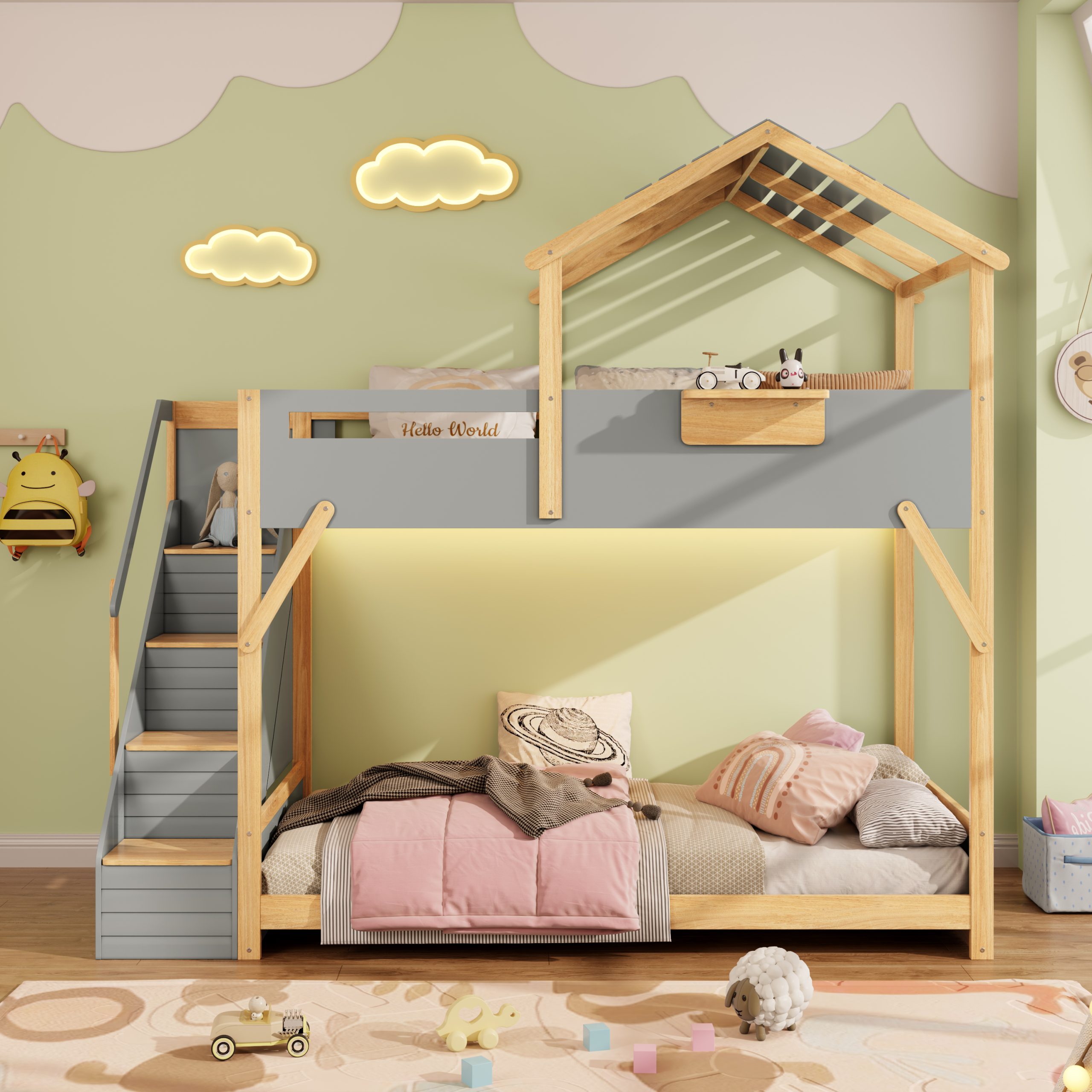Twin over Twin House Bunk Bed with Stairs and 3-Color LED Lights