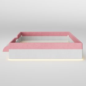 Queen Size Upholstered Floor Bed with Fence, 2-Tier Steps and Smart LED Lights
