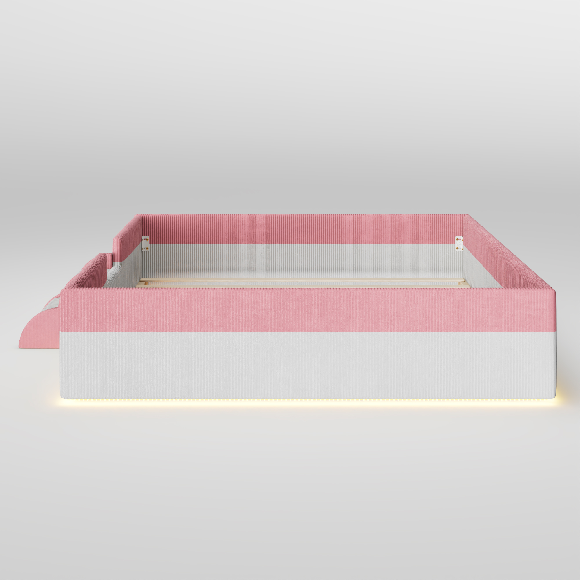 Queen Size Upholstered Floor Bed with Fence, 2-Tier Steps and Smart LED Lights