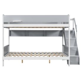 Full XL over Queen Bunk Bed with Striped-Design Staircase and Side Shelves