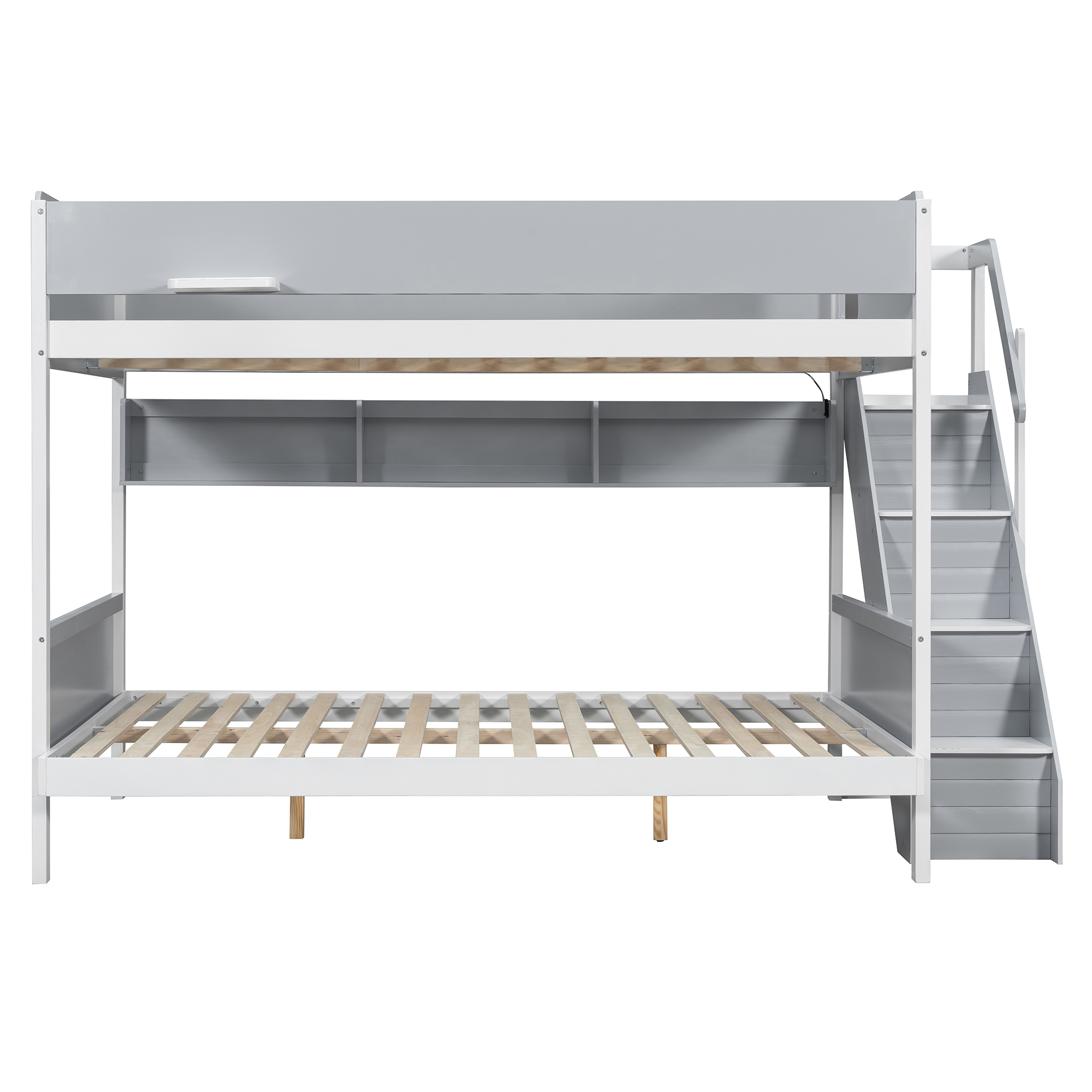 Full XL over Queen Bunk Bed with Striped-Design Staircase and Side Shelves