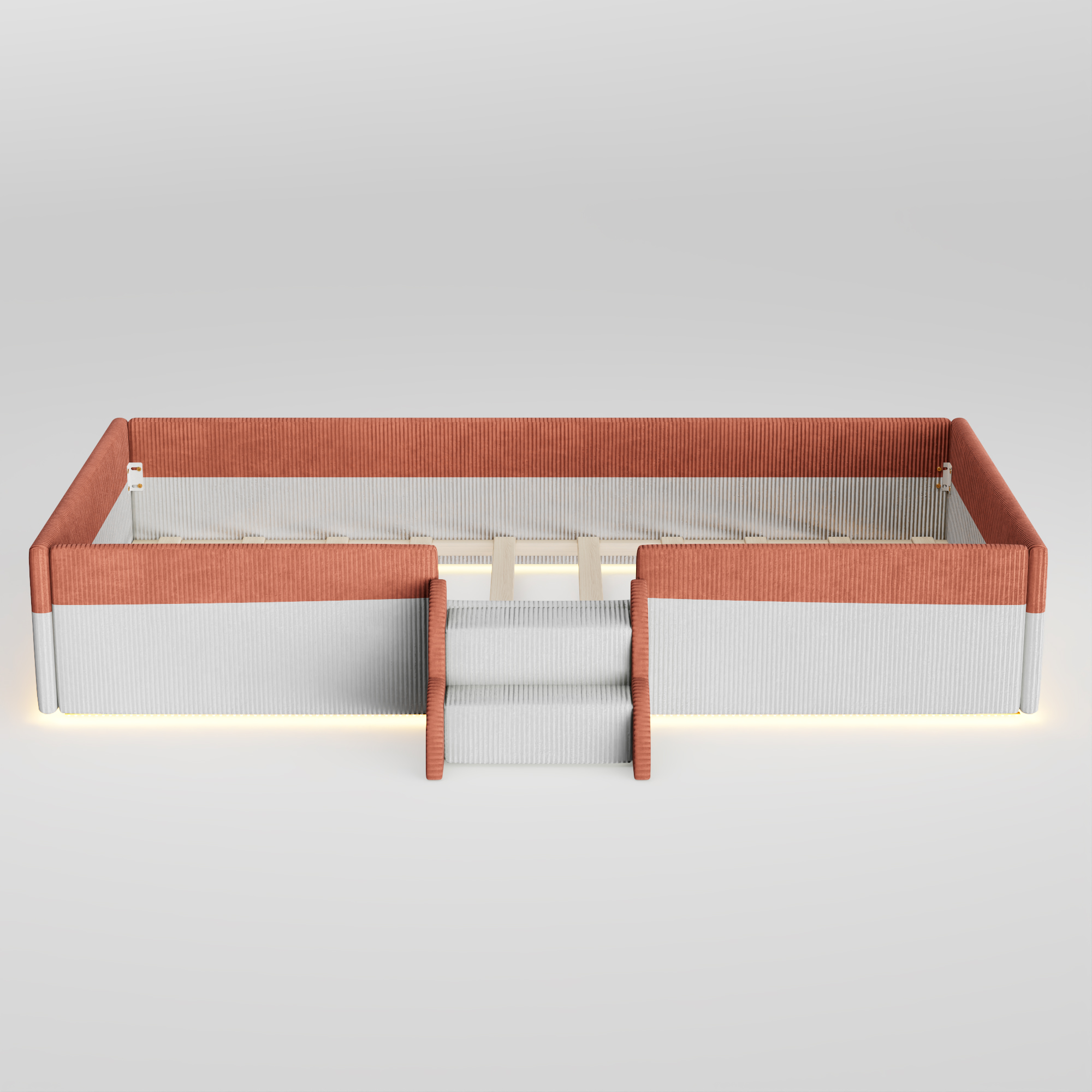 Twin Size Upholstered Floor Bed with Fence, 2-Tier Steps and Smart LED Lights