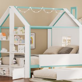 Full Size House Bed Frame with Pull-Out Trundle, Tail End Storage Shelves and Cool White LED Lights