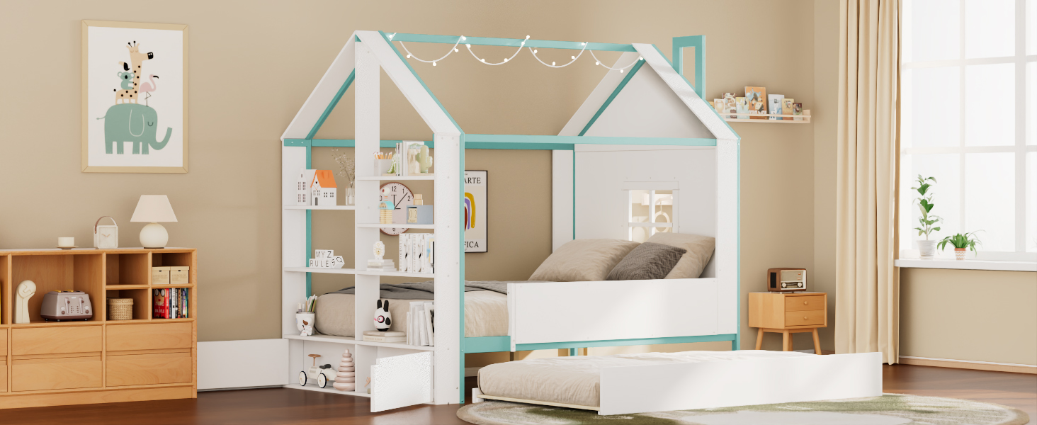 Full Size House Bed Frame with Pull-Out Trundle, Tail End Storage Shelves and Cool White LED Lights
