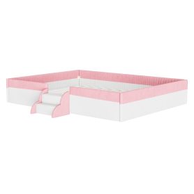 Queen Size Upholstered Floor Bed with Fence, 2-Tier Steps and Smart LED Lights