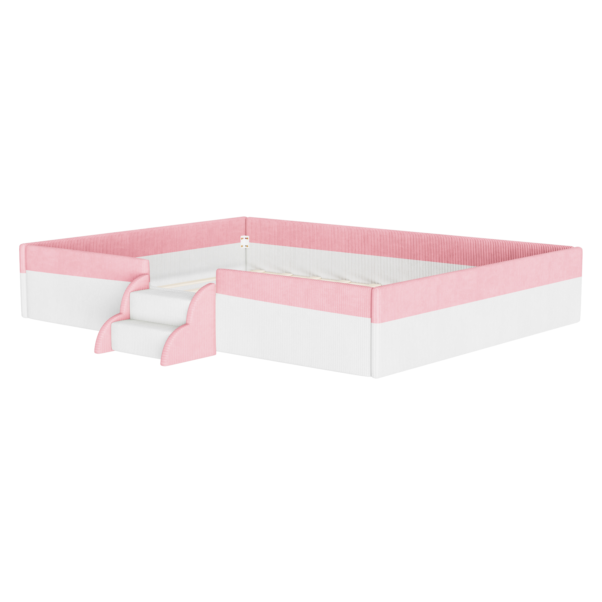 Queen Size Upholstered Floor Bed with Fence, 2-Tier Steps and Smart LED Lights