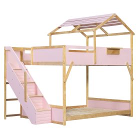 Full over Full House Bunk Bed with Stairs and 3-Color LED Lights