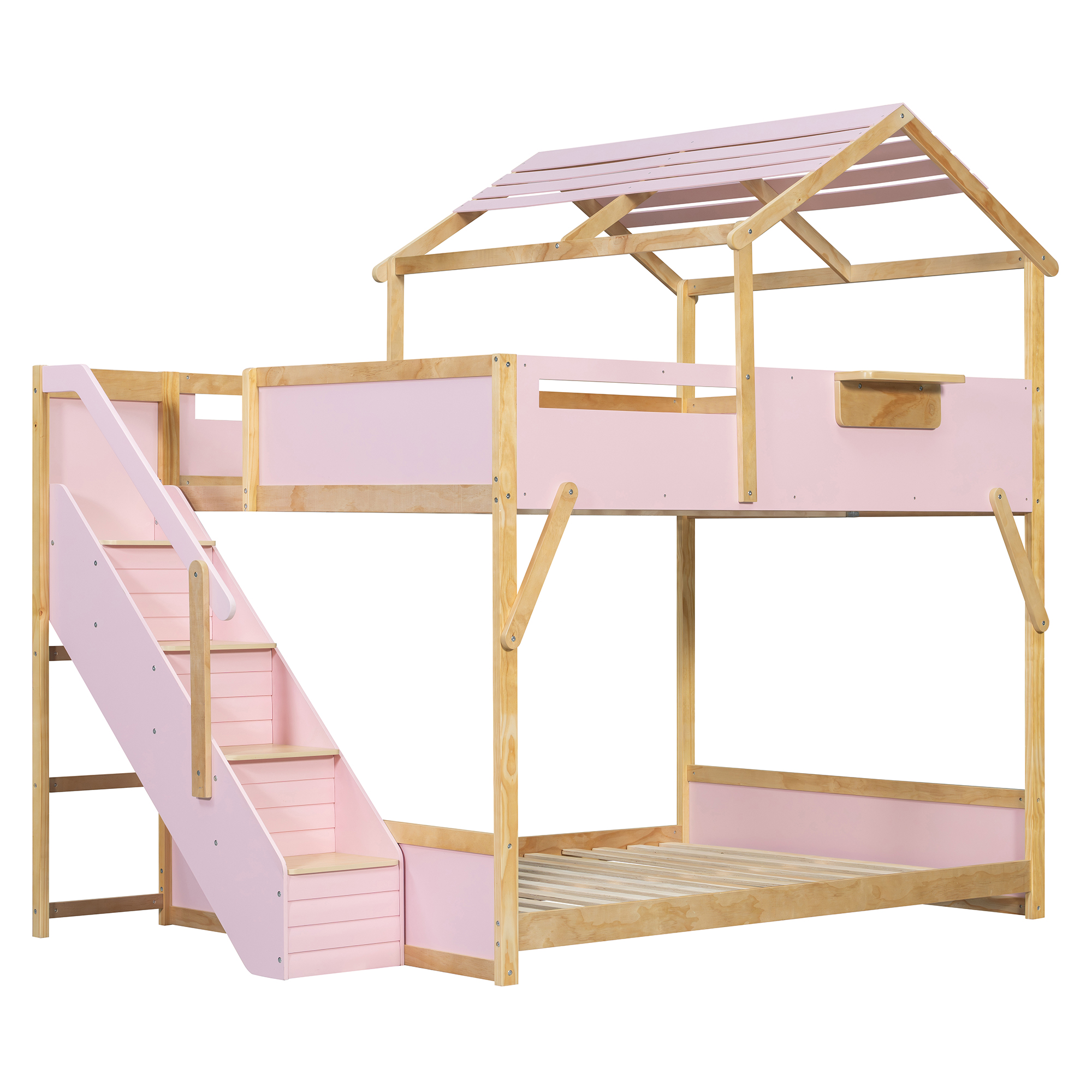 Full over Full House Bunk Bed with Stairs and 3-Color LED Lights
