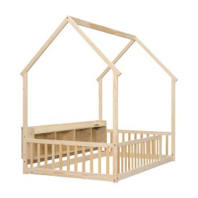 Twin House Floor Bed with Storage Shelves, Built-in LED Lights & Charging Station