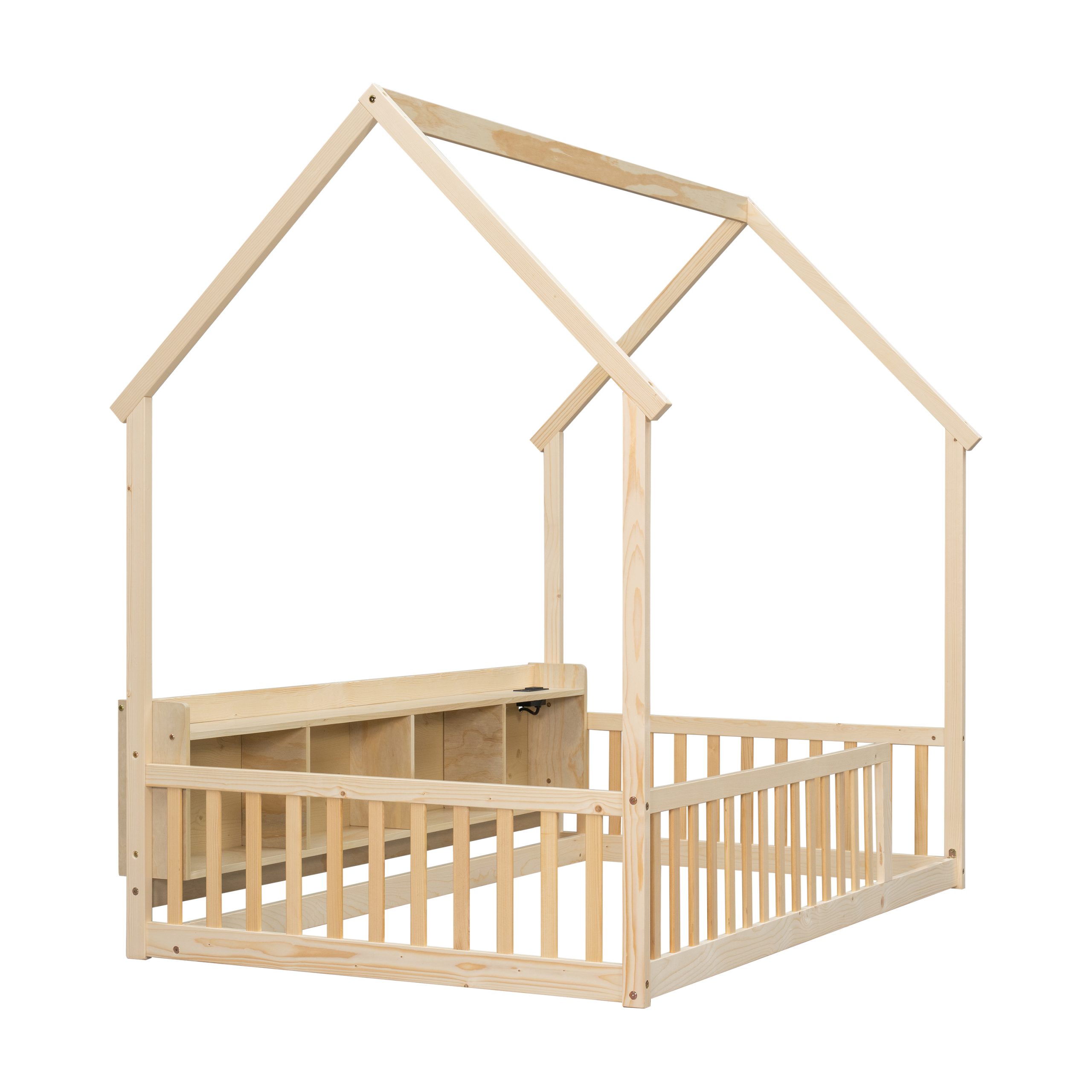 Twin House Floor Bed with Storage Shelves, Built-in LED Lights & Charging Station