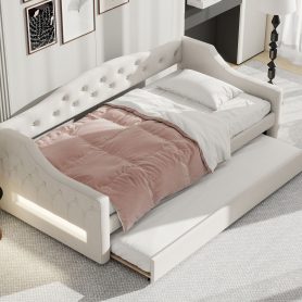 Upholstered Twin XL Size Daybed with LED Belt and Trundle