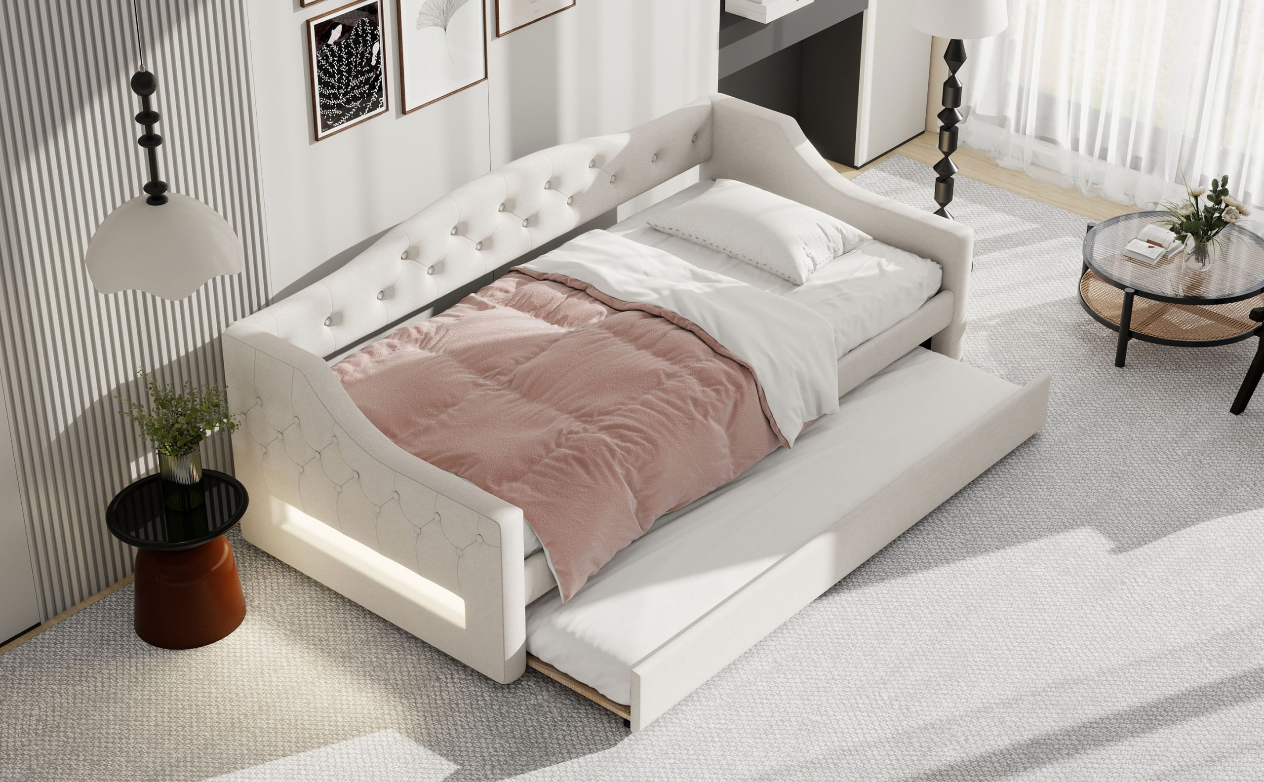 Upholstered Twin XL Size Daybed with LED Belt and Trundle