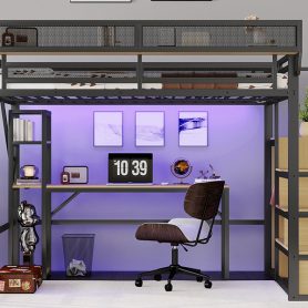 Metal Loft Bed with Stairs, Wardrobe, Charging Station, and LED Lighting