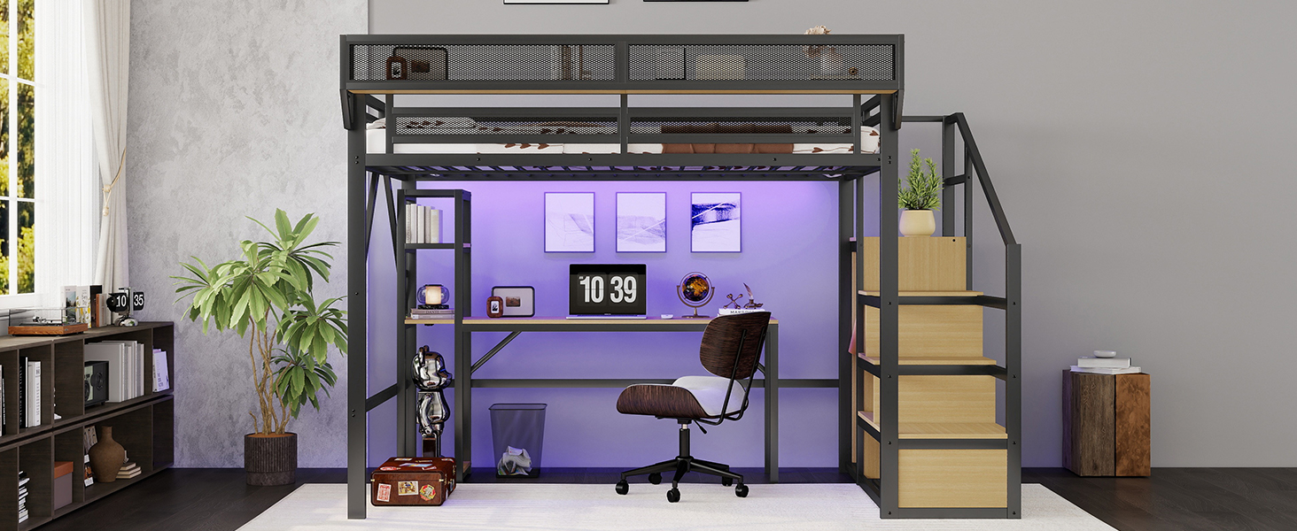 Metal Loft Bed with Stairs, Wardrobe, Charging Station, and LED Lighting