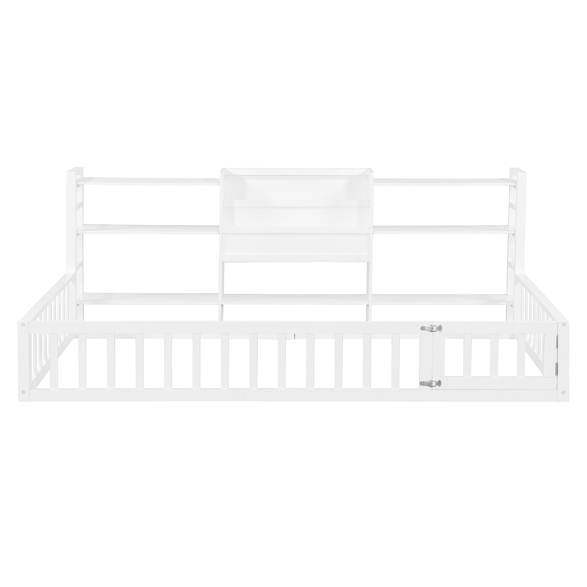 Twin Size Floor Fence Bed Frame with Bookcase and 3-Tier Storage Shelves