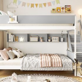 Twin over Full Bunk Bed with Striped-Design Staircase and Side Shelves