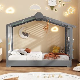 Twin Size House Bed with Twin Size Trundle and Side Shelves