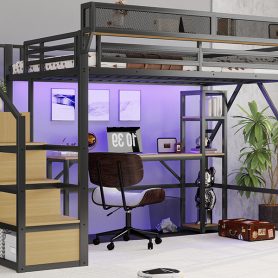 Metal Loft Bed with Stairs, Wardrobe, Charging Station, and LED Lighting
