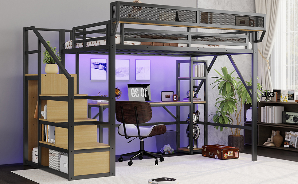 Metal Loft Bed with Stairs, Wardrobe, Charging Station, and LED Lighting