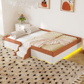 Full Size Upholstered Floor Bed with Fence, 2-Tier Steps and Smart LED Lights