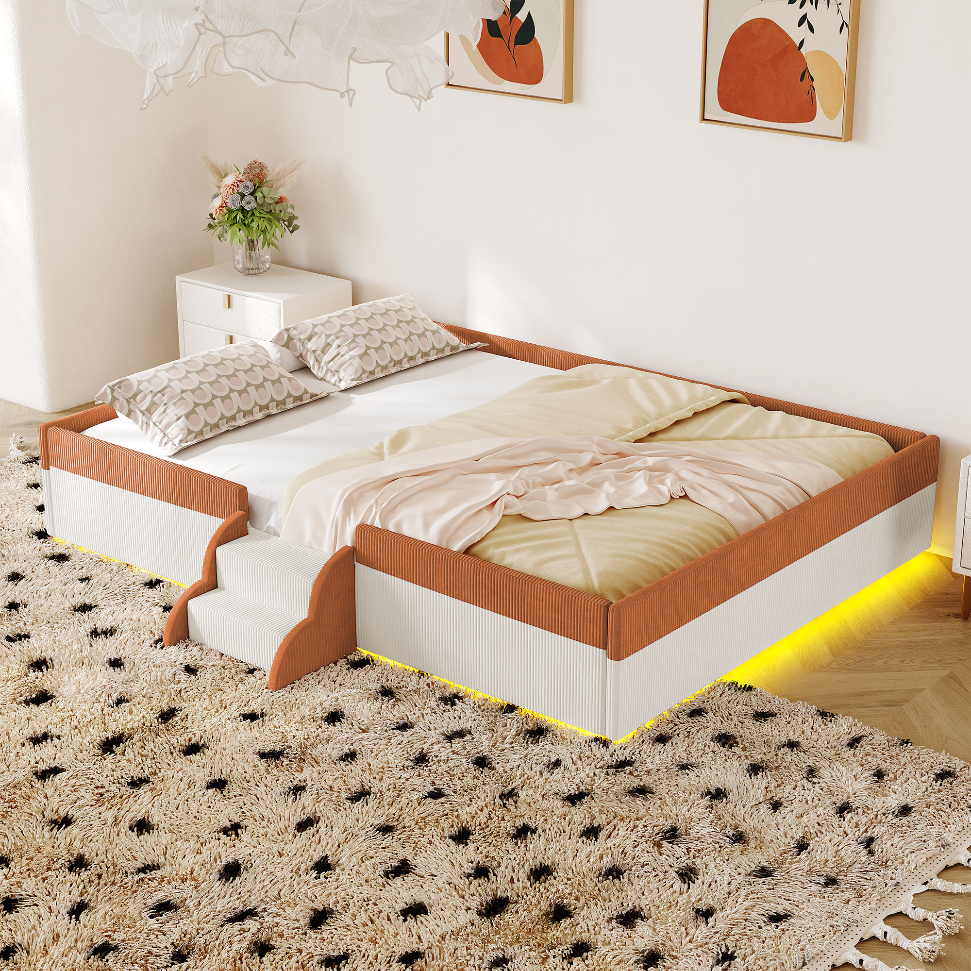 Full Size Upholstered Floor Bed with Fence, 2-Tier Steps and Smart LED Lights