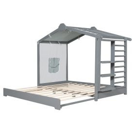 Twin Size House Bed with Twin Size Trundle and Side Shelves