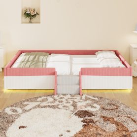 Queen Size Upholstered Floor Bed with Fence, 2-Tier Steps and Smart LED Lights