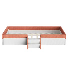 Twin Size Upholstered Floor Bed with Fence, 2-Tier Steps and Smart LED Lights