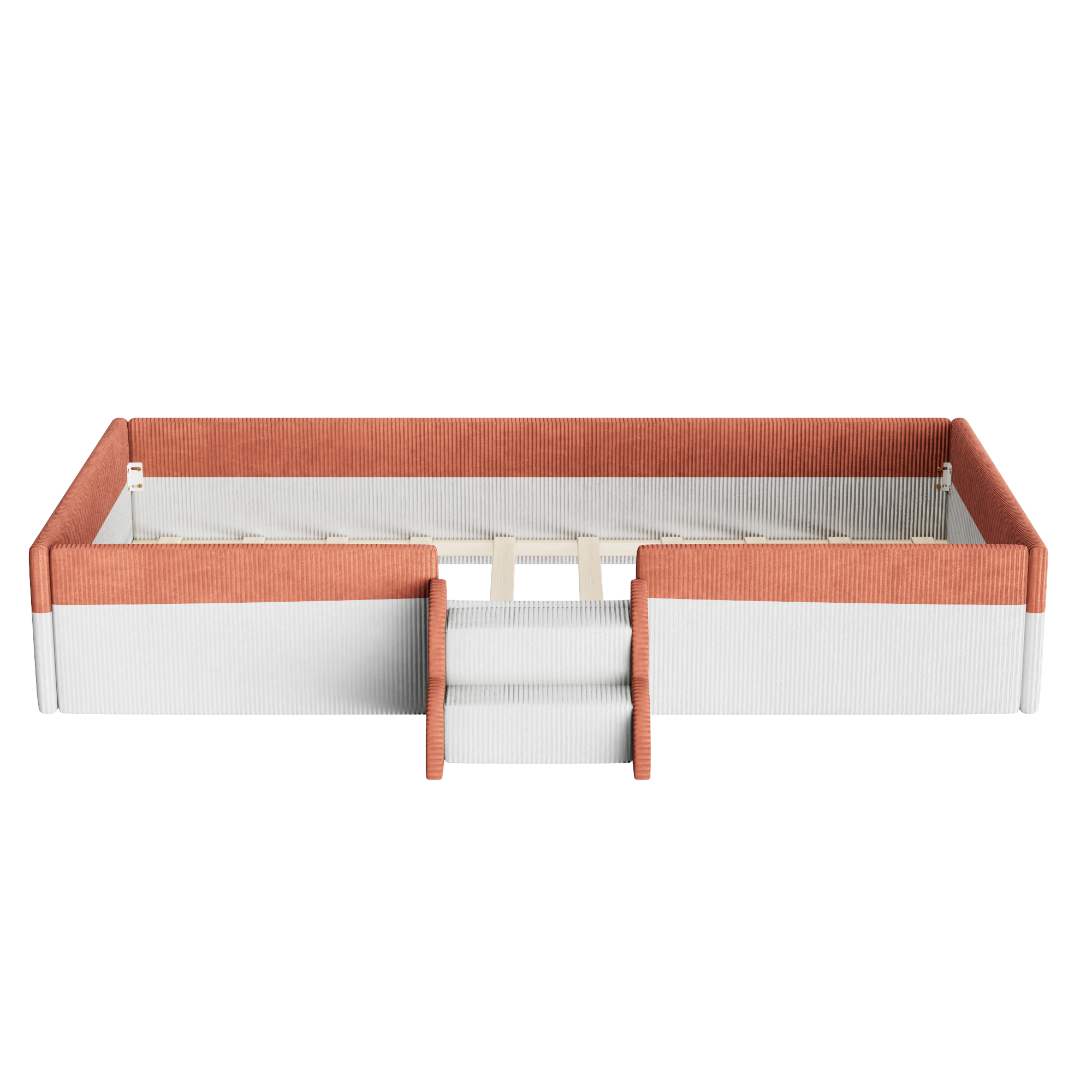 Twin Size Upholstered Floor Bed with Fence, 2-Tier Steps and Smart LED Lights