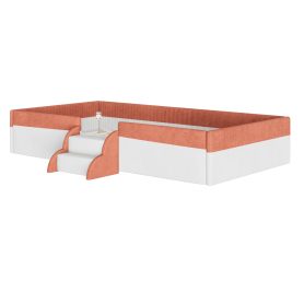Twin Size Upholstered Floor Bed with Fence, 2-Tier Steps and Smart LED Lights