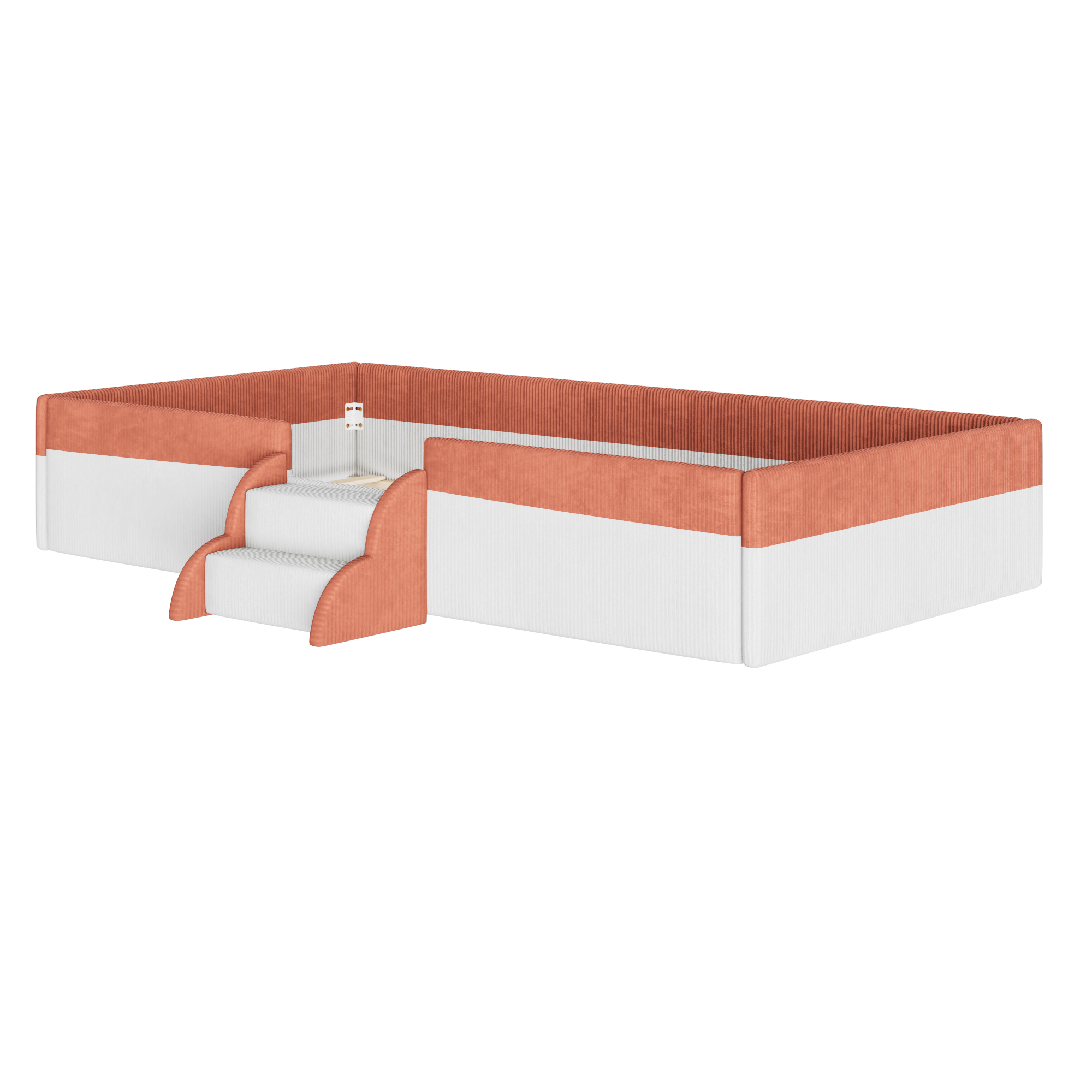 Twin Size Upholstered Floor Bed with Fence, 2-Tier Steps and Smart LED Lights