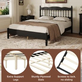Countryside Style Queen Size Wooden Bed Frame with Spindle Headboard