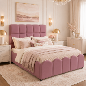 Full Size Fully Upholstered Velvet Platform Bed Frame With Tall Panel Headboard