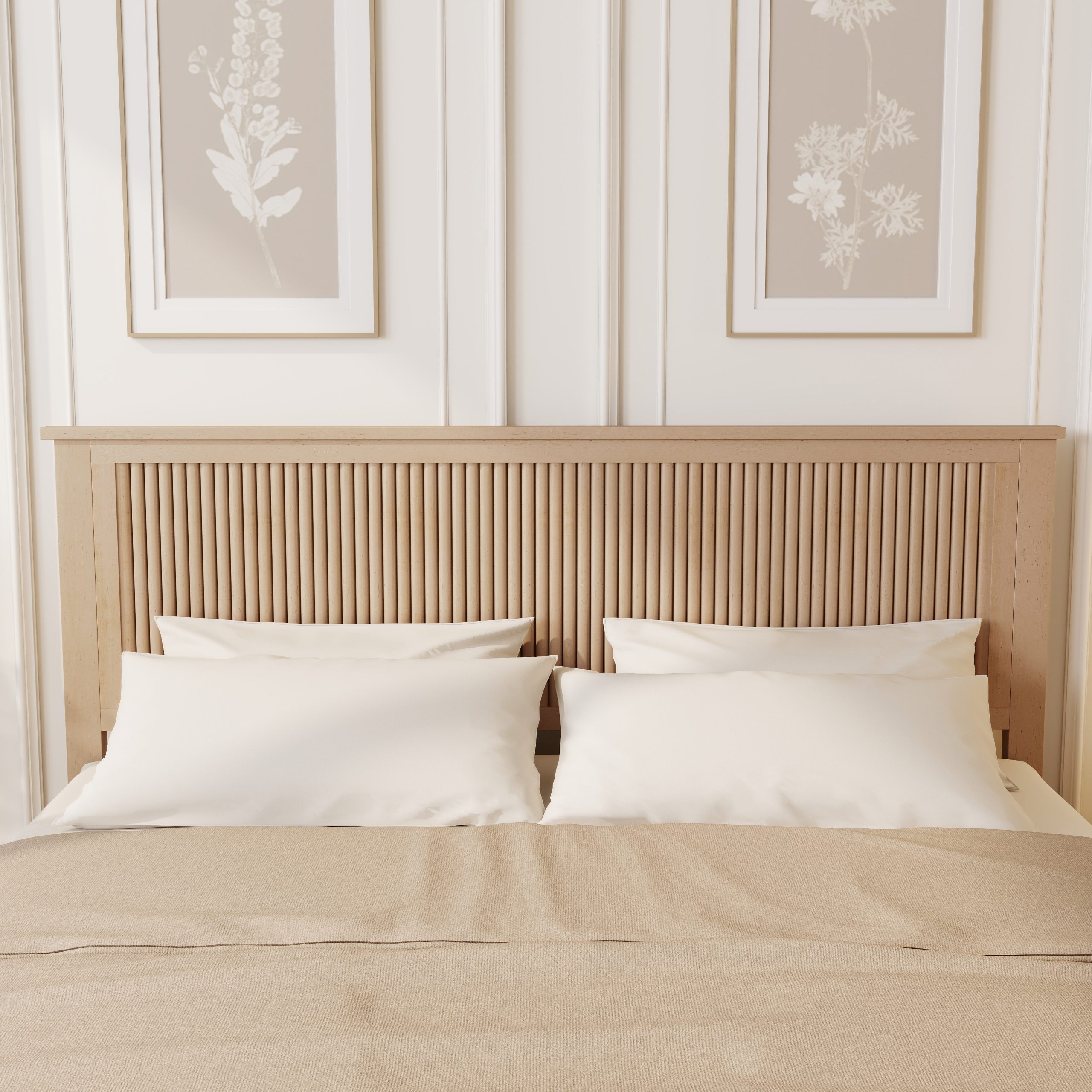 Queen Size Solid Rubber Wood Bed with Wave-Styled Headboard