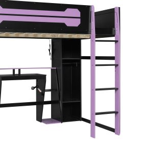 Full-Size Wooden Gaming Loft Bed with Desk and Storage, RGB LED Light, USB Charging Station