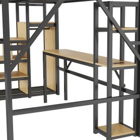 Metal Loft Bed with Stairs, Wardrobe, Charging Station, and LED Lighting