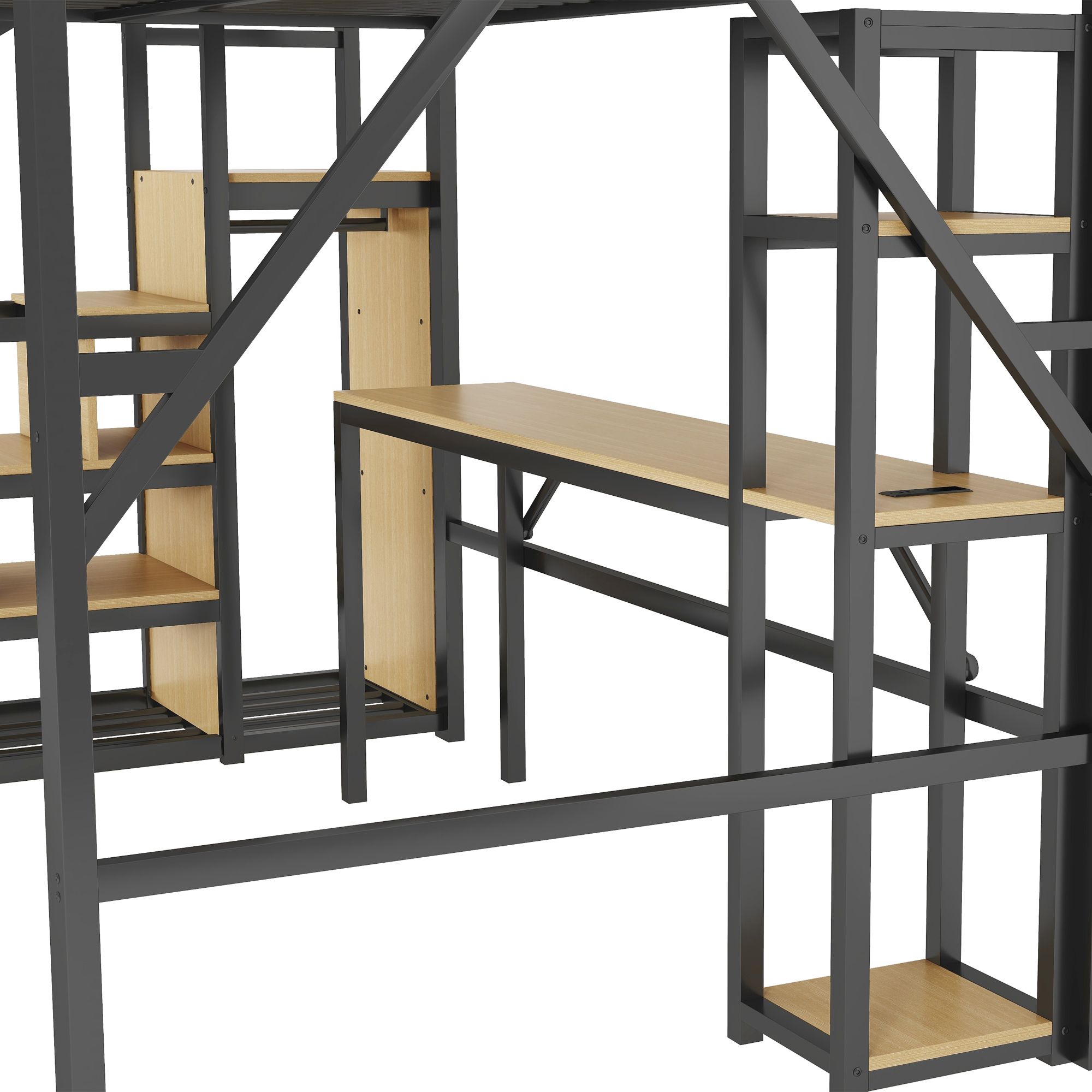Metal Loft Bed with Stairs, Wardrobe, Charging Station, and LED Lighting