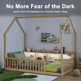 Twin House Floor Bed with Storage Shelves, Built-in LED Lights & Charging Station