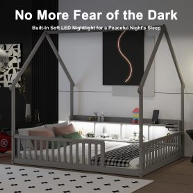 Full House Floor Bed with Storage Shelves, Built-in LED Lights & Charging Station