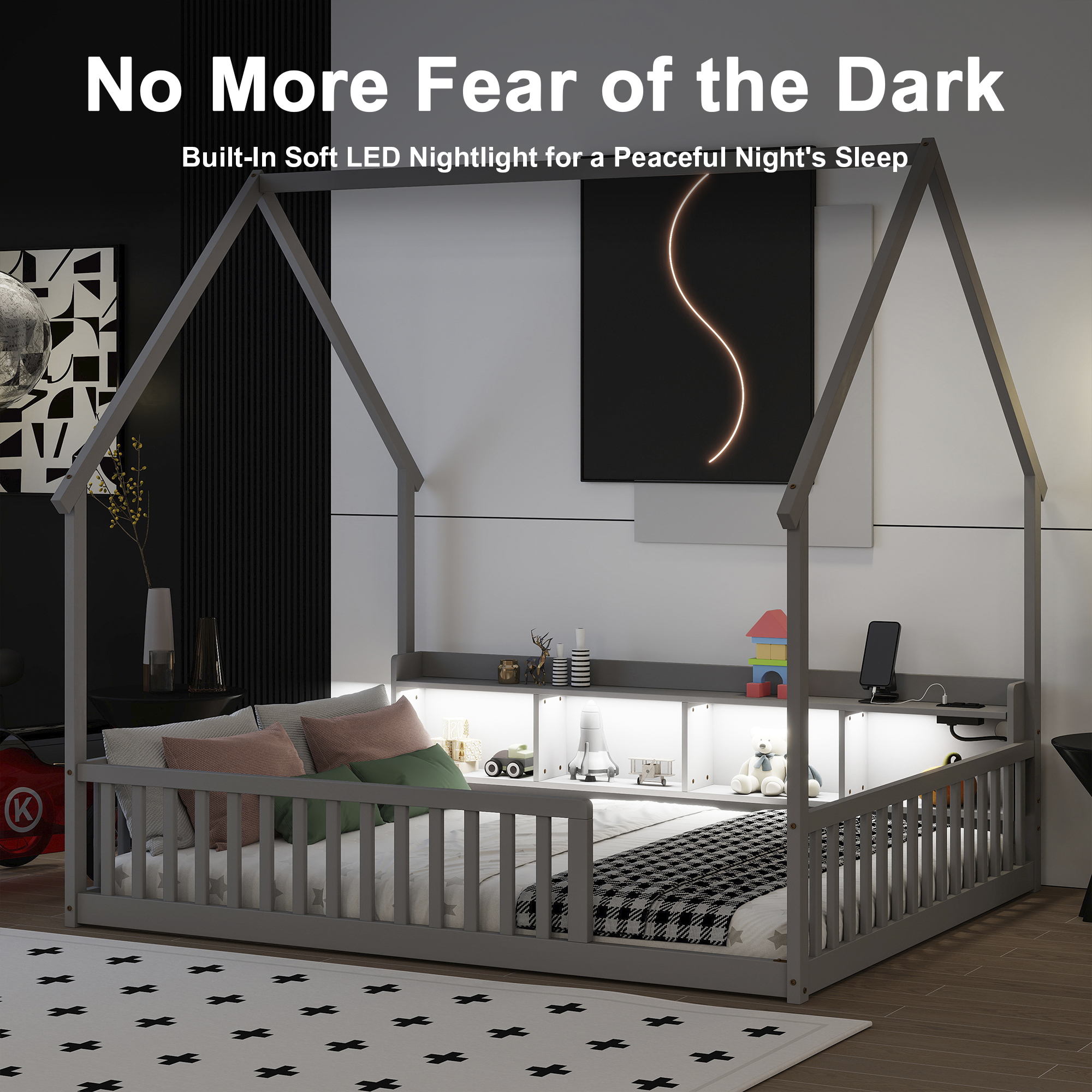 Full House Floor Bed with Storage Shelves, Built-in LED Lights & Charging Station