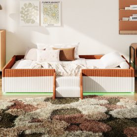 Twin Size Upholstered Floor Bed with Fence, 2-Tier Steps and Smart LED Lights