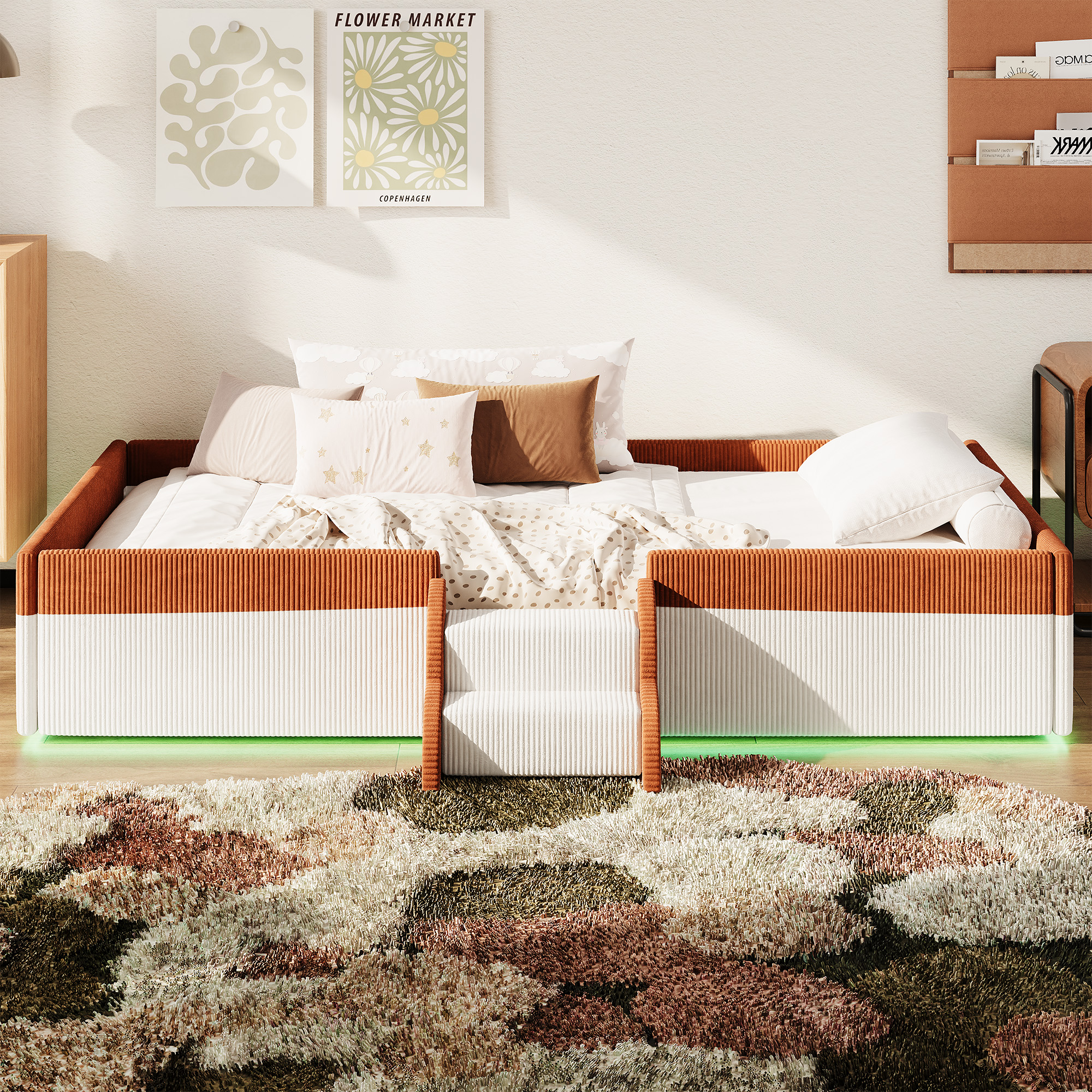 Twin Size Upholstered Floor Bed with Fence, 2-Tier Steps and Smart LED Lights
