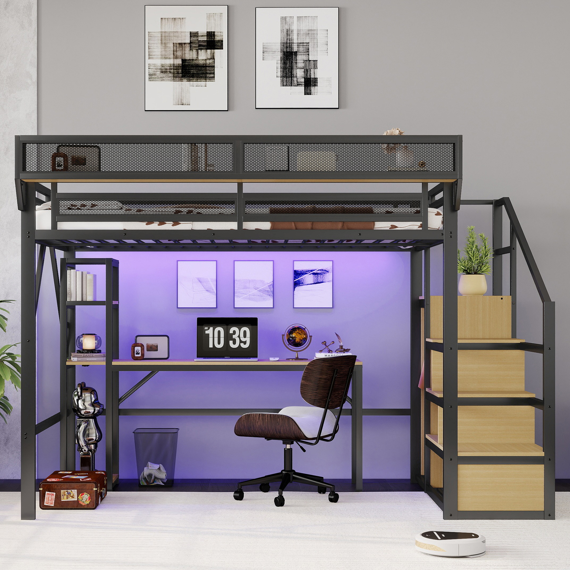 Metal Loft Bed with Stairs, Wardrobe, Charging Station, and LED Lighting