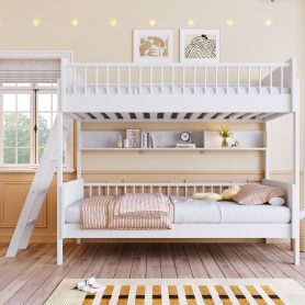 Twin Size Wooden Bunk Bed with 3 Storage Shelves, Ladder can be Changed Left or Right