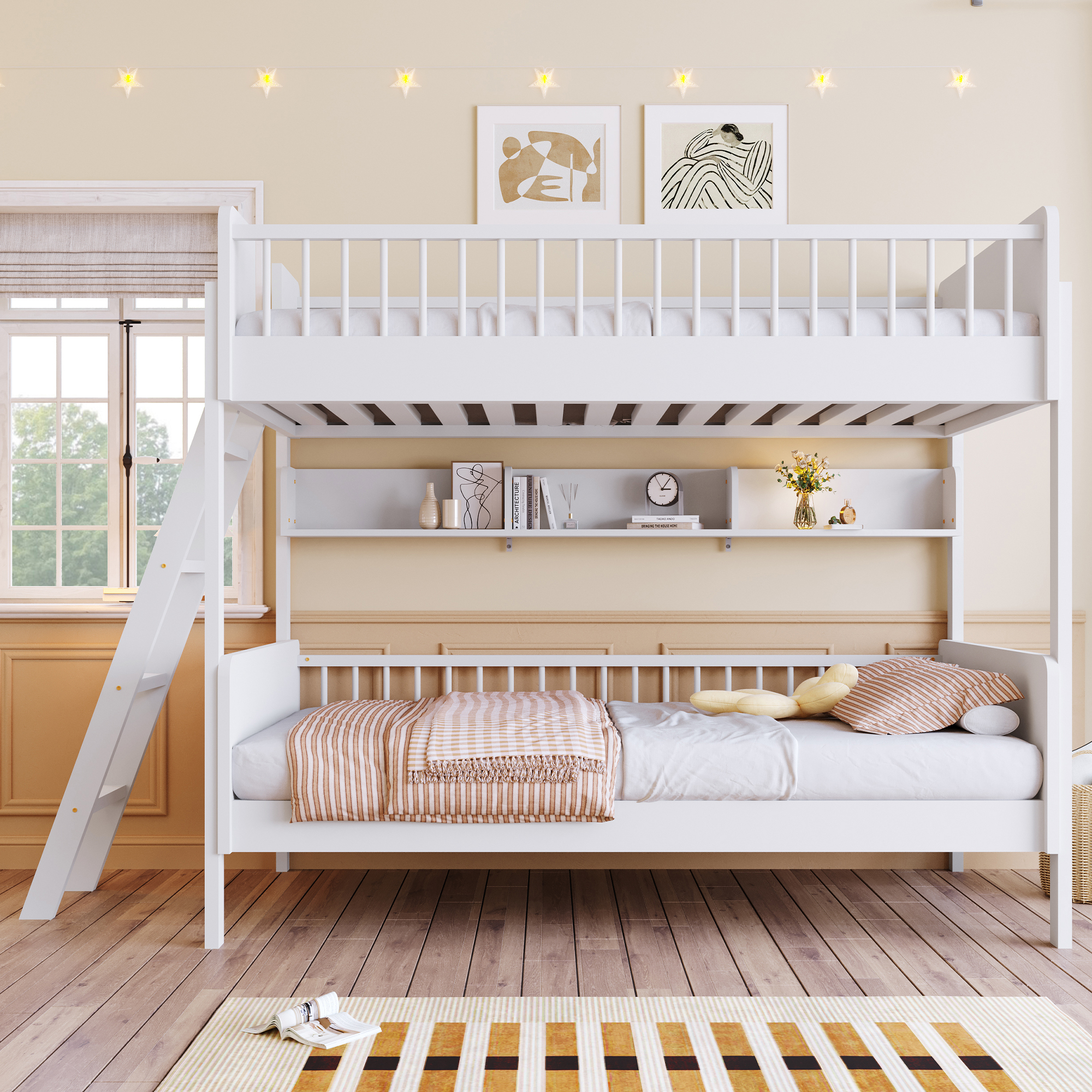 Twin Size Wooden Bunk Bed with 3 Storage Shelves, Ladder can be Changed Left or Right