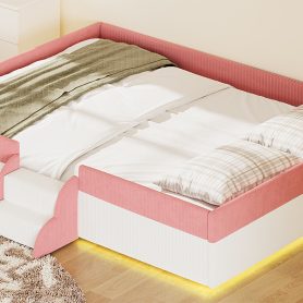 Queen Size Upholstered Floor Bed with Fence, 2-Tier Steps and Smart LED Lights