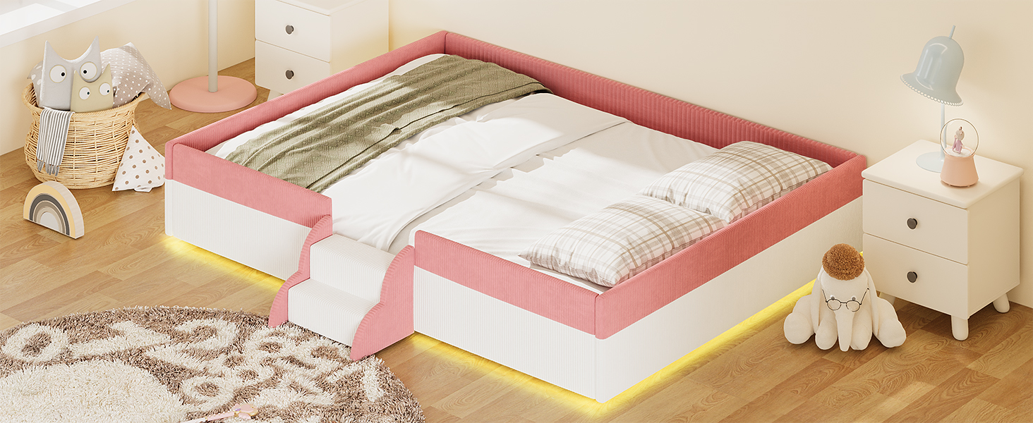 Queen Size Upholstered Floor Bed with Fence, 2-Tier Steps and Smart LED Lights